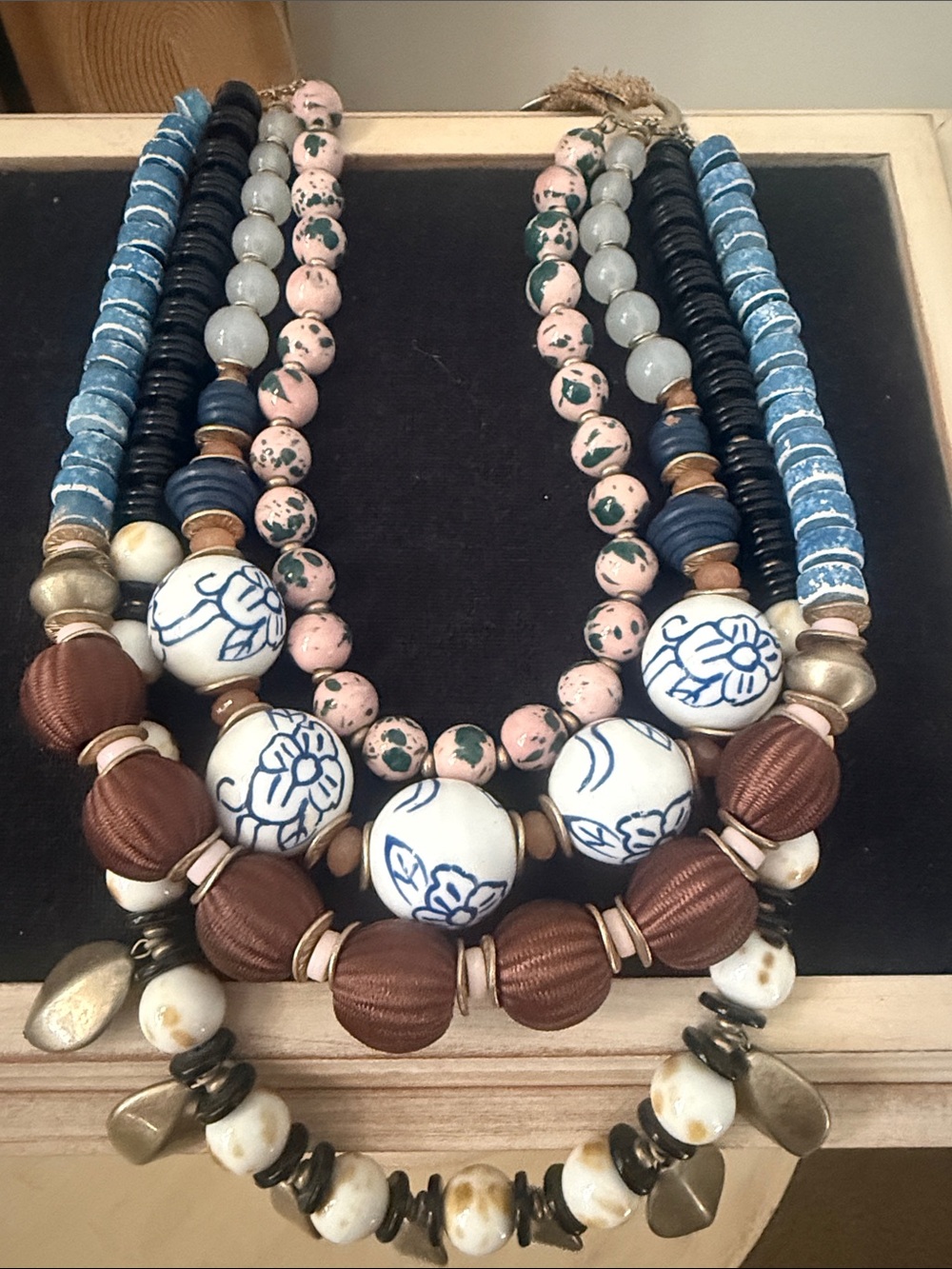 Anthropologie Blue, Pink, Brown Multi-Strand Ceramic & Bead Necklace